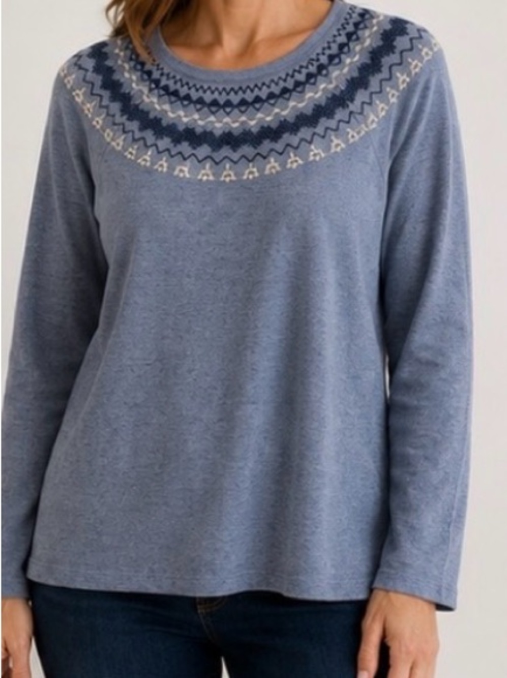 J. Jill Blue Fair Isle Yoke Crewneck Long Sleeve Top Petite Large